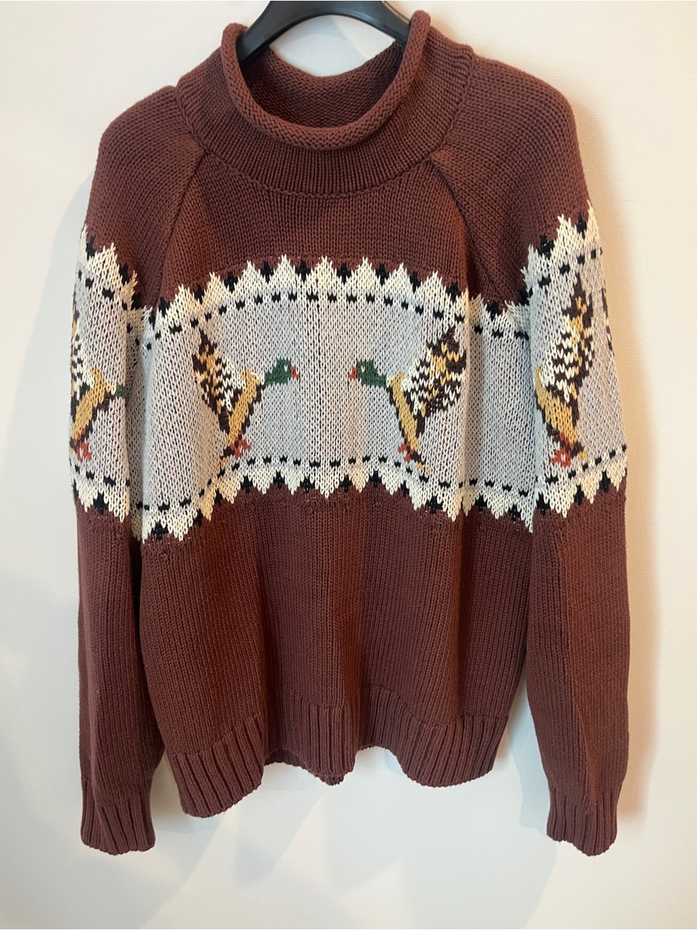 NWT L.L. Bean Brown Rollneck Organic Cotton Sweater with Duck Fair Isle Panel M